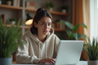 Créatrice de contenu inquiète devant son ordinateur portable à son bureau à domicile, exprimant une préoccupation face aux fuites de contenu sur internet