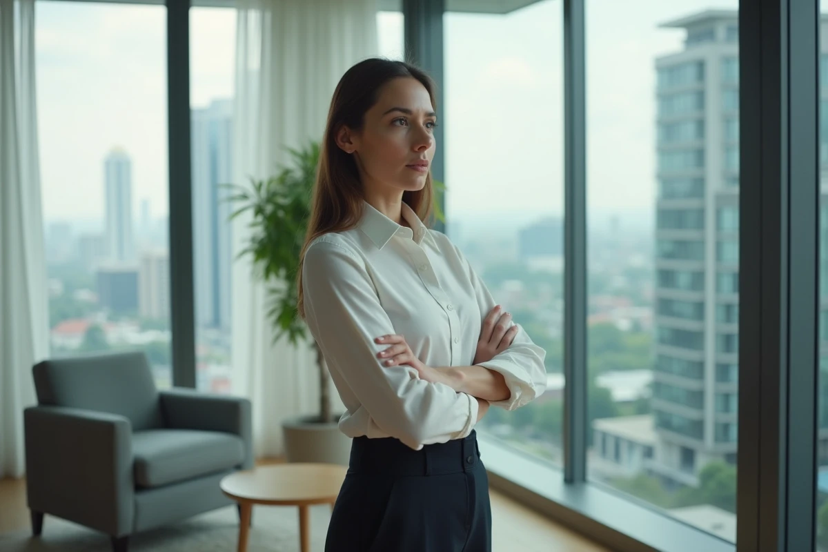 Femme créatrice de contenu pensive debout près d'une fenêtre avec vue sur la ville, symbolisant l'inquiétude face aux violations de droits d'auteur en ligne
