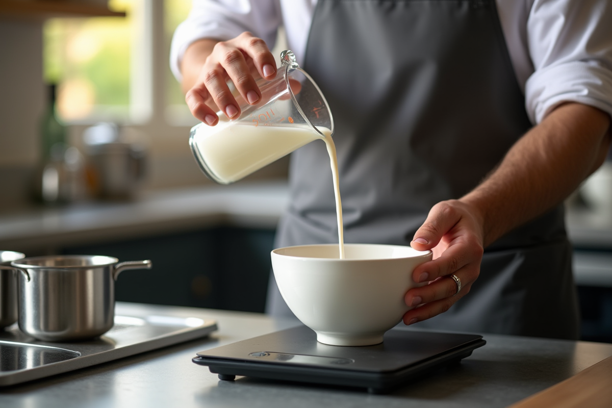 Chef versant 300ml de lait dans un bol sur une balance électronique