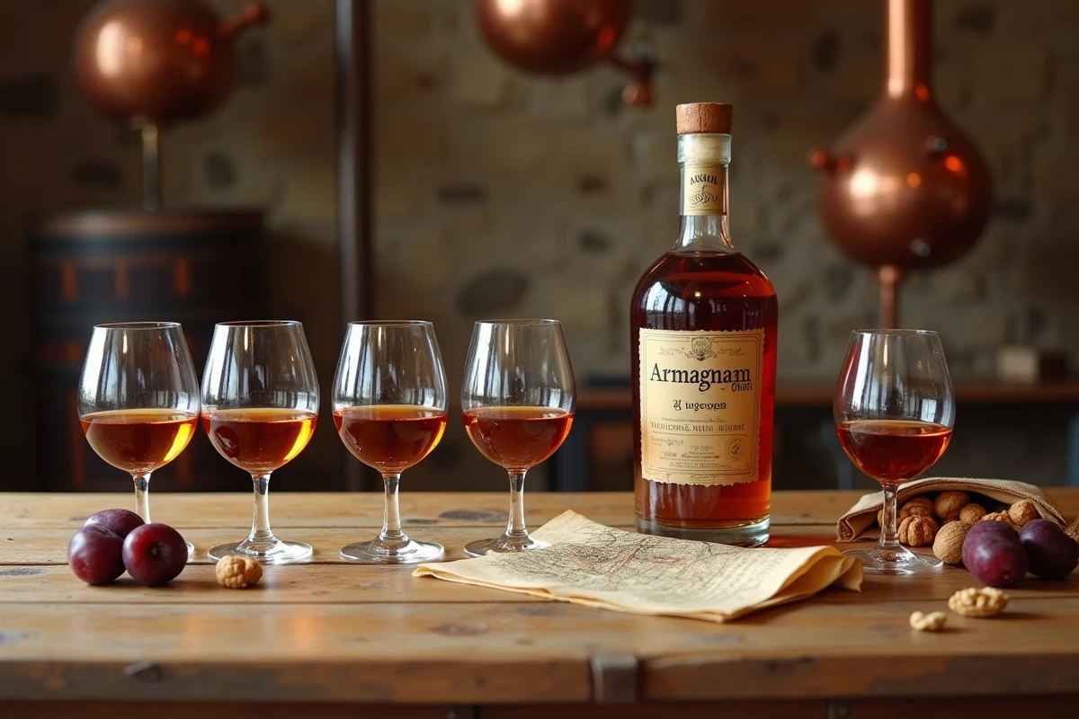 Dégustation d'Armagnac avec verres et bouteille millésimée sur table en bois dans un domaine familial près d'Eauze dans le Gers