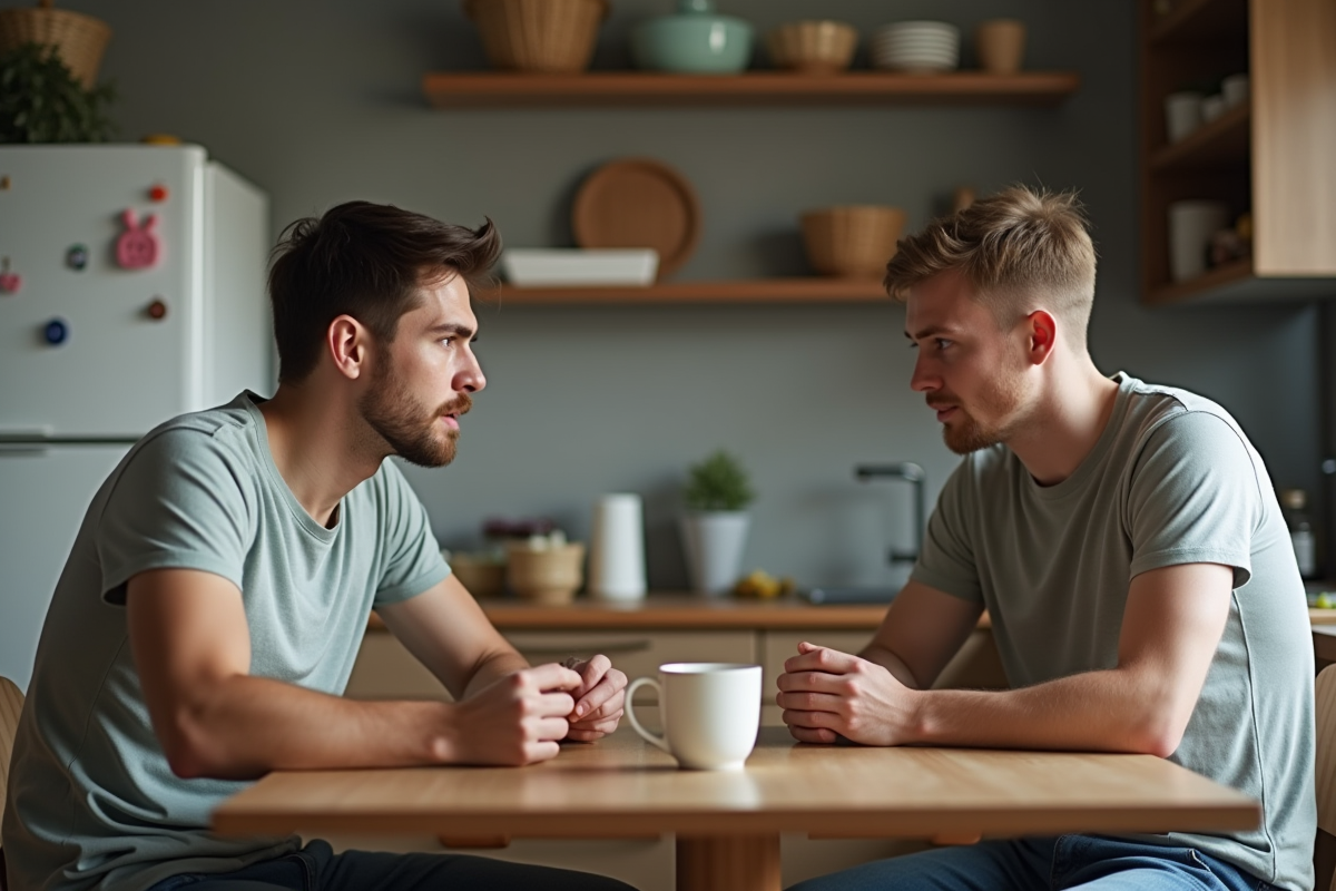 Deux jeunes hommes discutant dans une cuisine