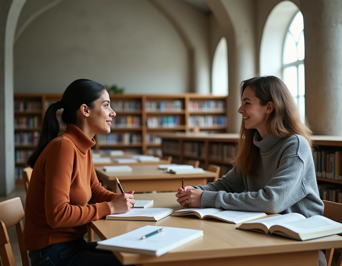 Deux femmes de cultures différentes en discussion dans une bibliothèque universitaire, représentant le dialogue interreligieux et interculturel