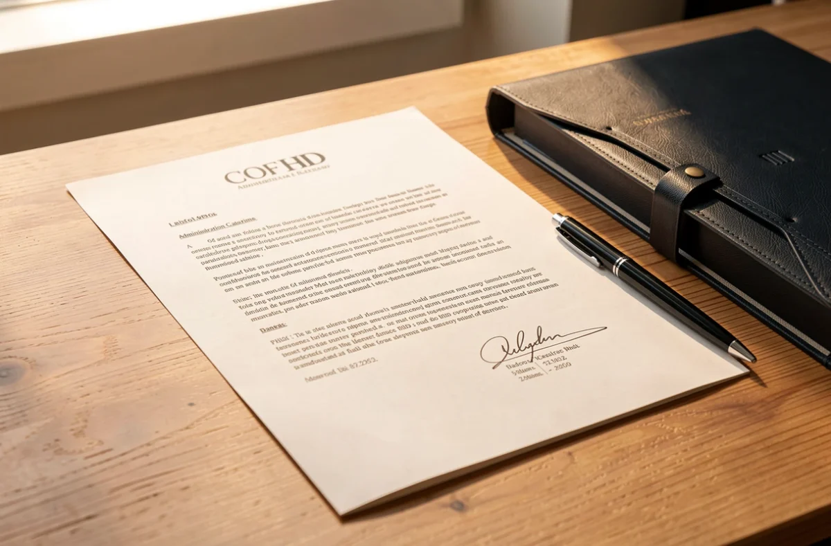Document administratif signé posé sur un bureau avec un dossier