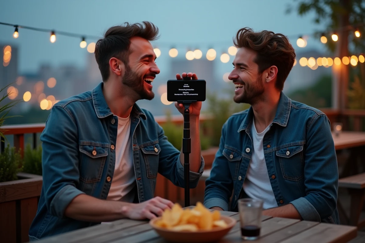 Deux amis chantant un karaoké en plein air sur une terrasse le soir avec les paroles sur smartphone