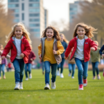 Groupe d'enfants jouant dans un parc urbain ensoleille