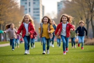 Groupe d'enfants jouant dans un parc urbain ensoleille