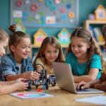 Groupe d'enfants autour d'une table avec robot et ordinateur