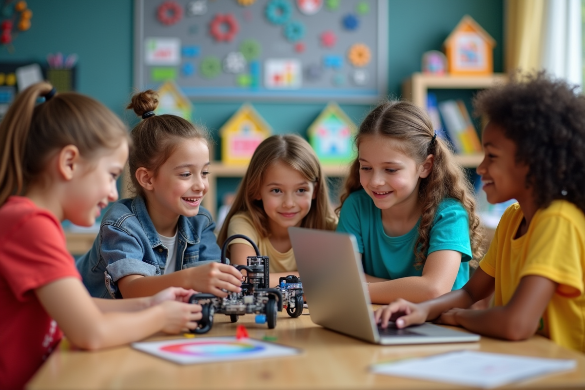 Groupe d'enfants autour d'une table avec robot et ordinateur