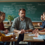Professeur en discussion avec jeunes adultes en classe