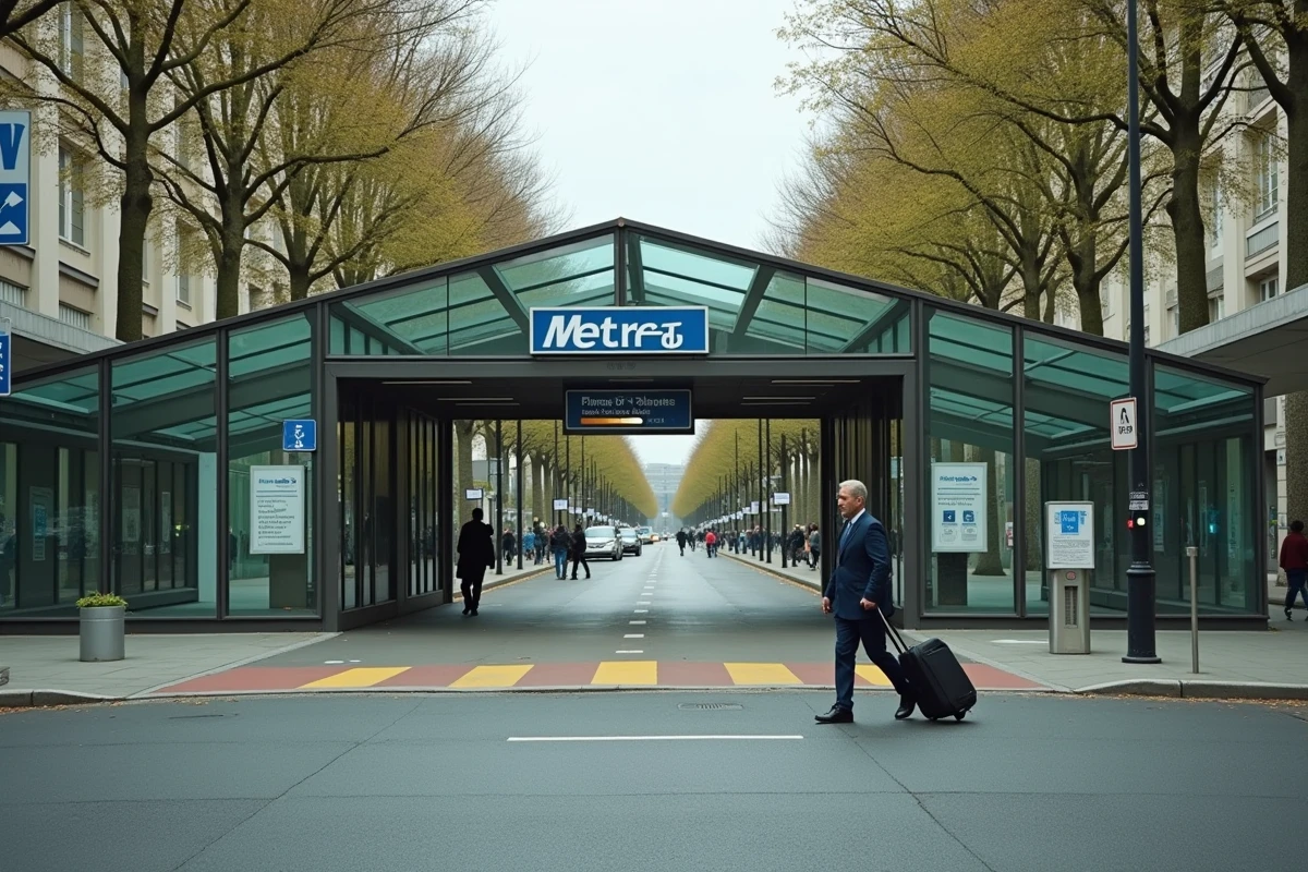 Entrée d'une station de correspondance du métro toulousain avec parking relais et signalétique urbaine