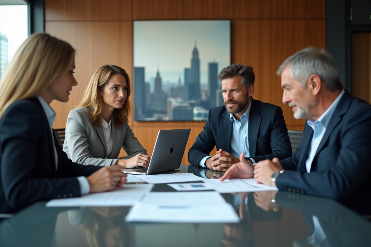 Groupe de gestionnaires en réunion discutant de rapports