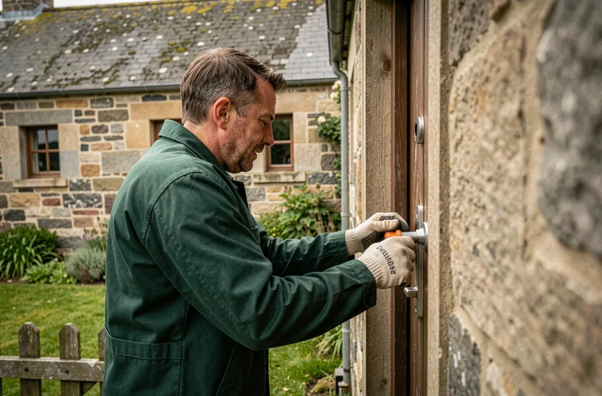 Artisan serrurier Etienne Services installant une poignée de sécurité sur un cottage en granit près de Clohars-Fouesnant