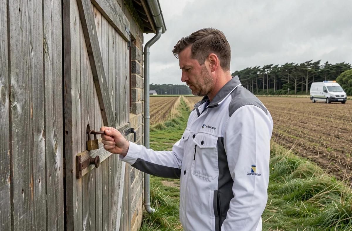 Serrurier Etienne Services examinant un cadenas sur une grange agricole dans le secteur de Lanhouarneau, nord Finistère