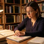 Femme étudiant la grammaire française avec des manuels de conjugaison ouverts sur un bureau en bois dans une bibliothèque