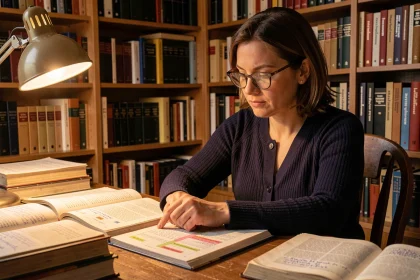 Femme étudiant la grammaire française avec des manuels de conjugaison ouverts sur un bureau en bois dans une bibliothèque