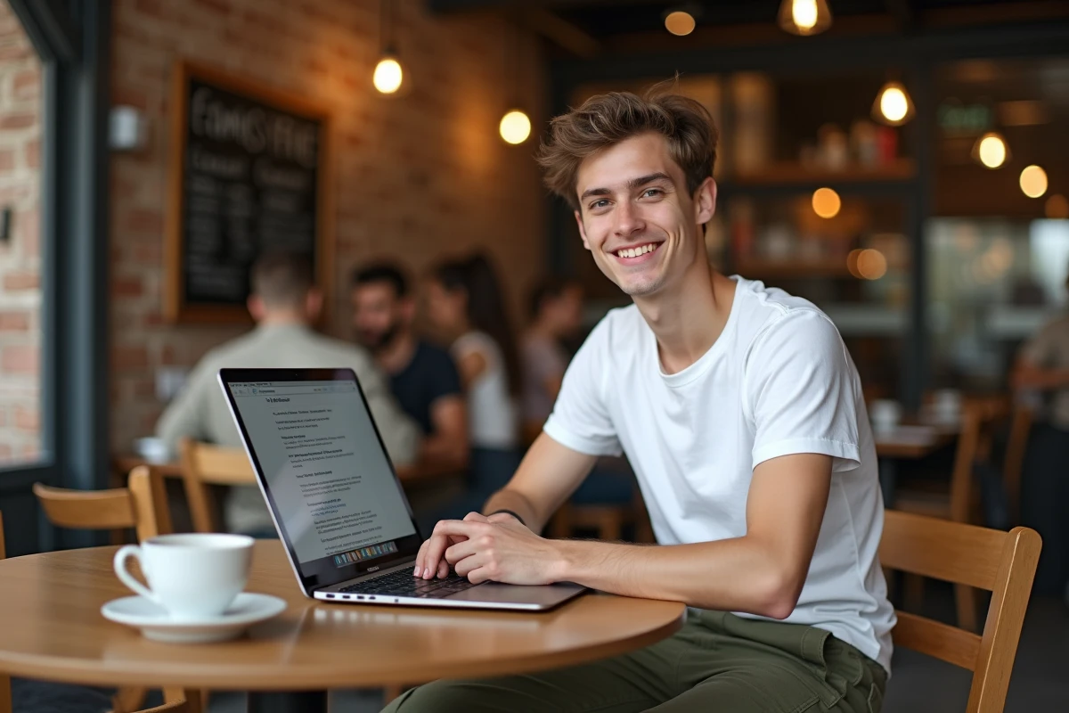 Étudiant lisant Secret Class manwha en français légalement sur ordinateur portable dans un café
