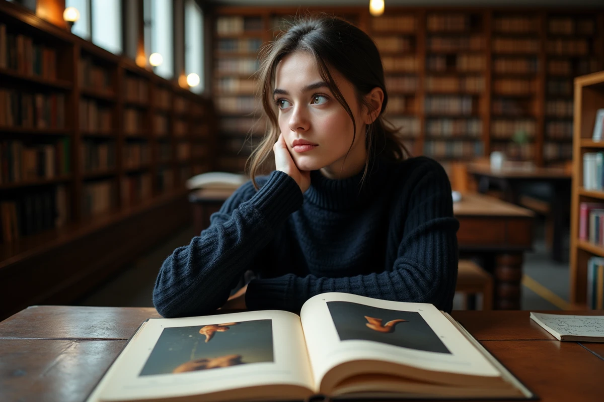 Jeune femme étudiant la reproduction de 'Ceci n'est pas une pipe' de Magritte dans une bibliothèque universitaire