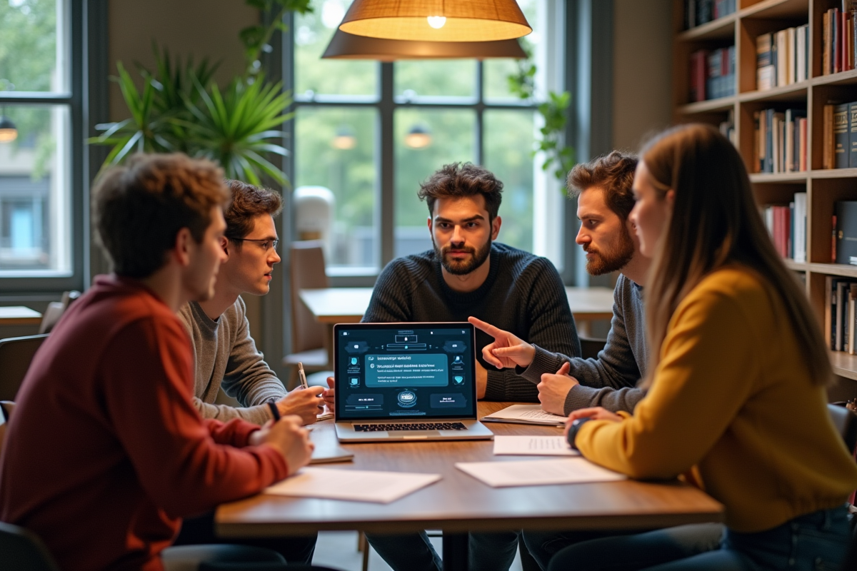 Groupe d etudiants autour d une table avec modele de langage