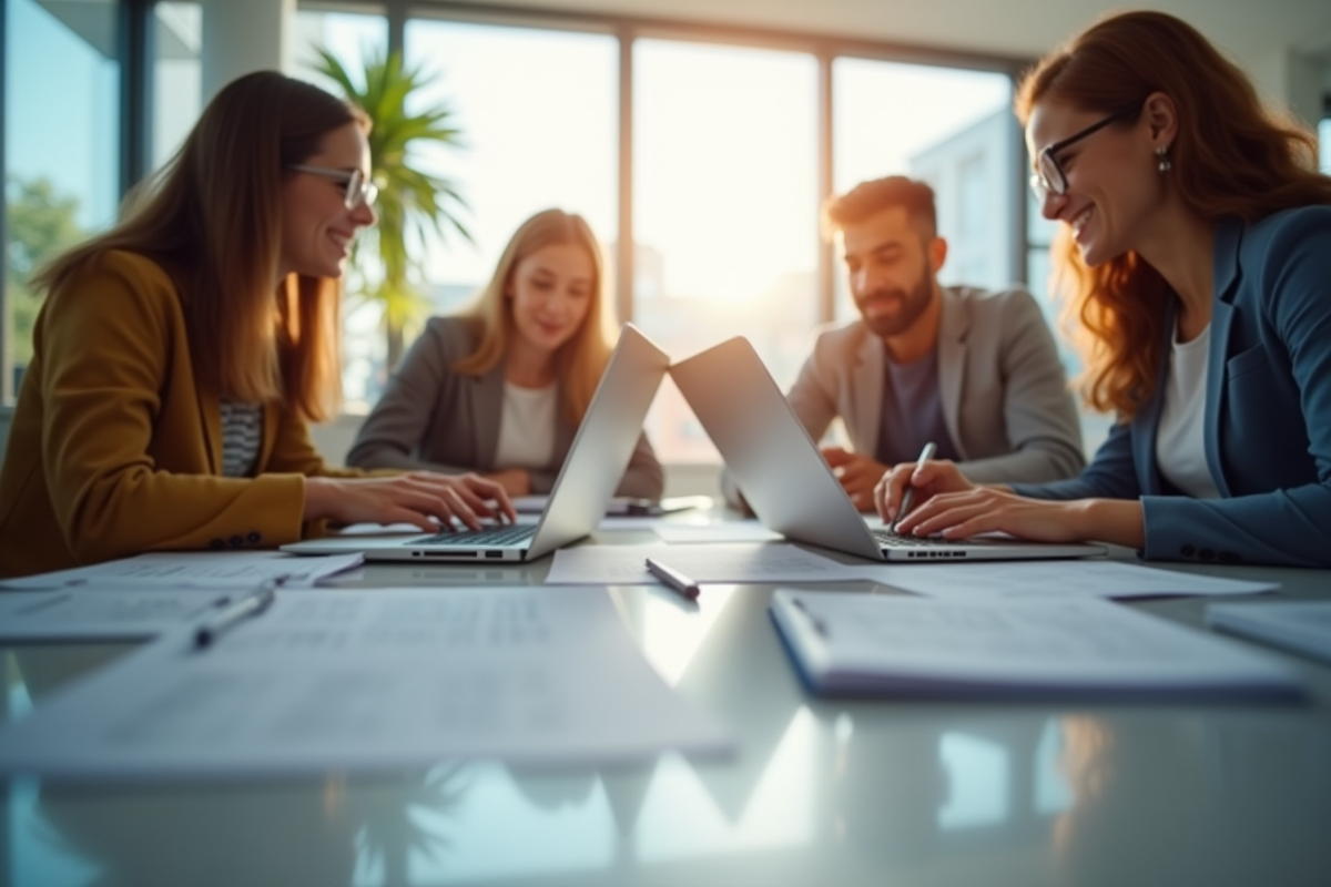 Groupe d'étudiants travaillant ensemble dans un bureau lumineux