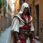 Cosplayeur habillé en Ezio Auditore dans une ruelle florentine pavée, évoquant l'univers d'Assassin's Creed Renaissance