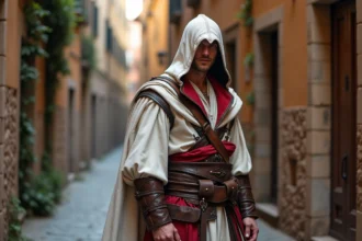 Cosplayeur habillé en Ezio Auditore dans une ruelle florentine pavée, évoquant l'univers d'Assassin's Creed Renaissance