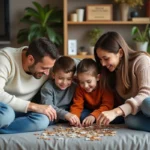 Famille de quatre assemble un puzzle dans un salon chaleureux