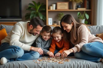 Famille de quatre assemble un puzzle dans un salon chaleureux