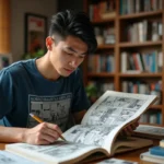 Passionné de manga analysant les détails cachés du scan One Piece 1155 à son bureau