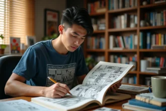 Passionné de manga analysant les détails cachés du scan One Piece 1155 à son bureau