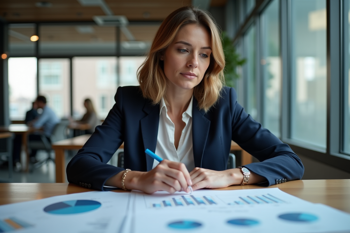 Femme professionnelle examinant des graphiques financiers