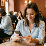Femme souriante qui utilise une application de rencontre gratuite sur son smartphone dans un café parisien