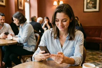 Femme souriante qui utilise une application de rencontre gratuite sur son smartphone dans un café parisien