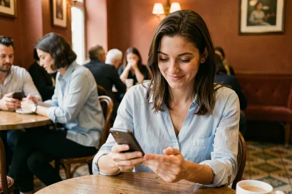 Femme souriante qui utilise une application de rencontre gratuite sur son smartphone dans un café parisien