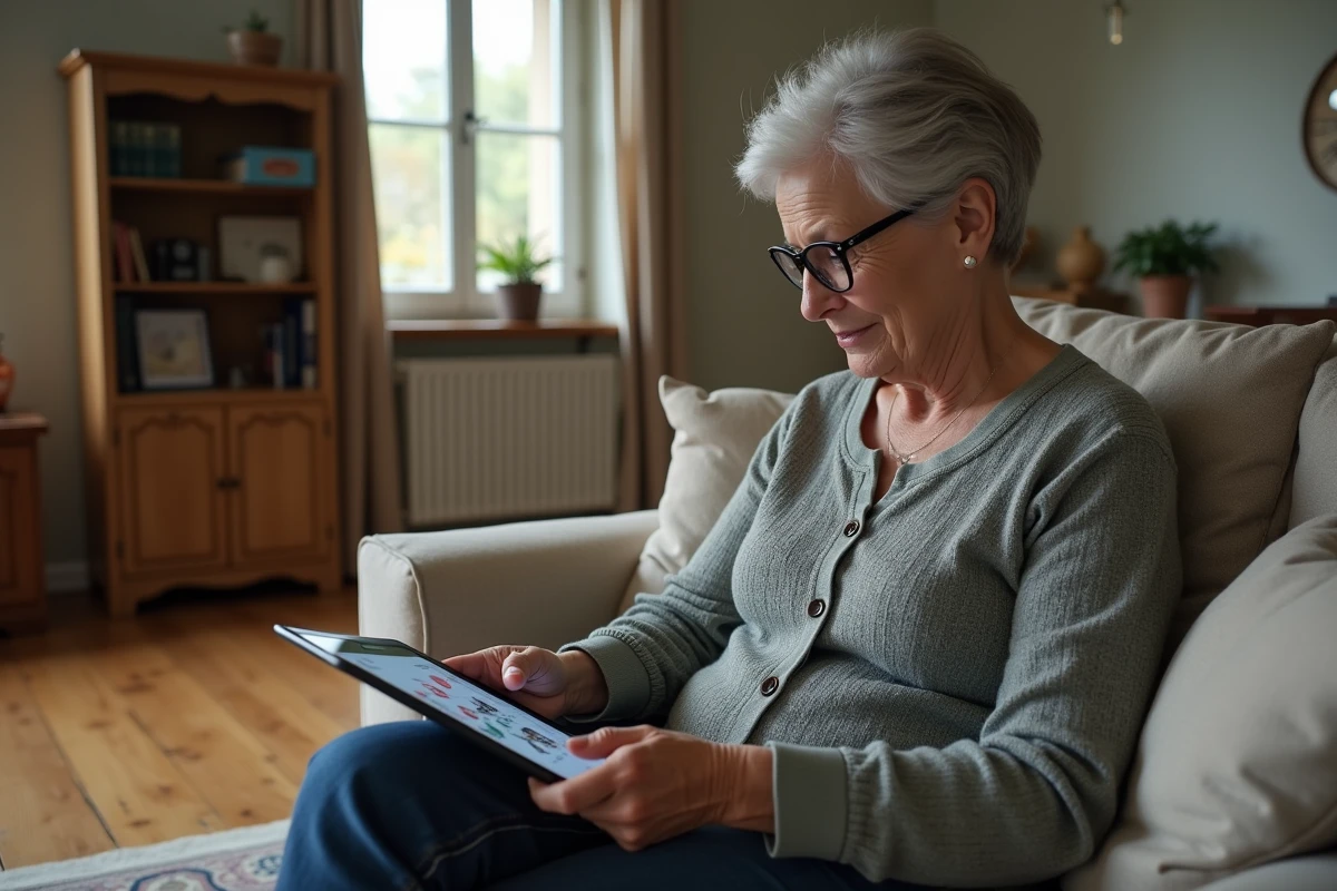 Femme jouant à la belote coinchée sur tablette depuis son salon avec une table réservée en ligne