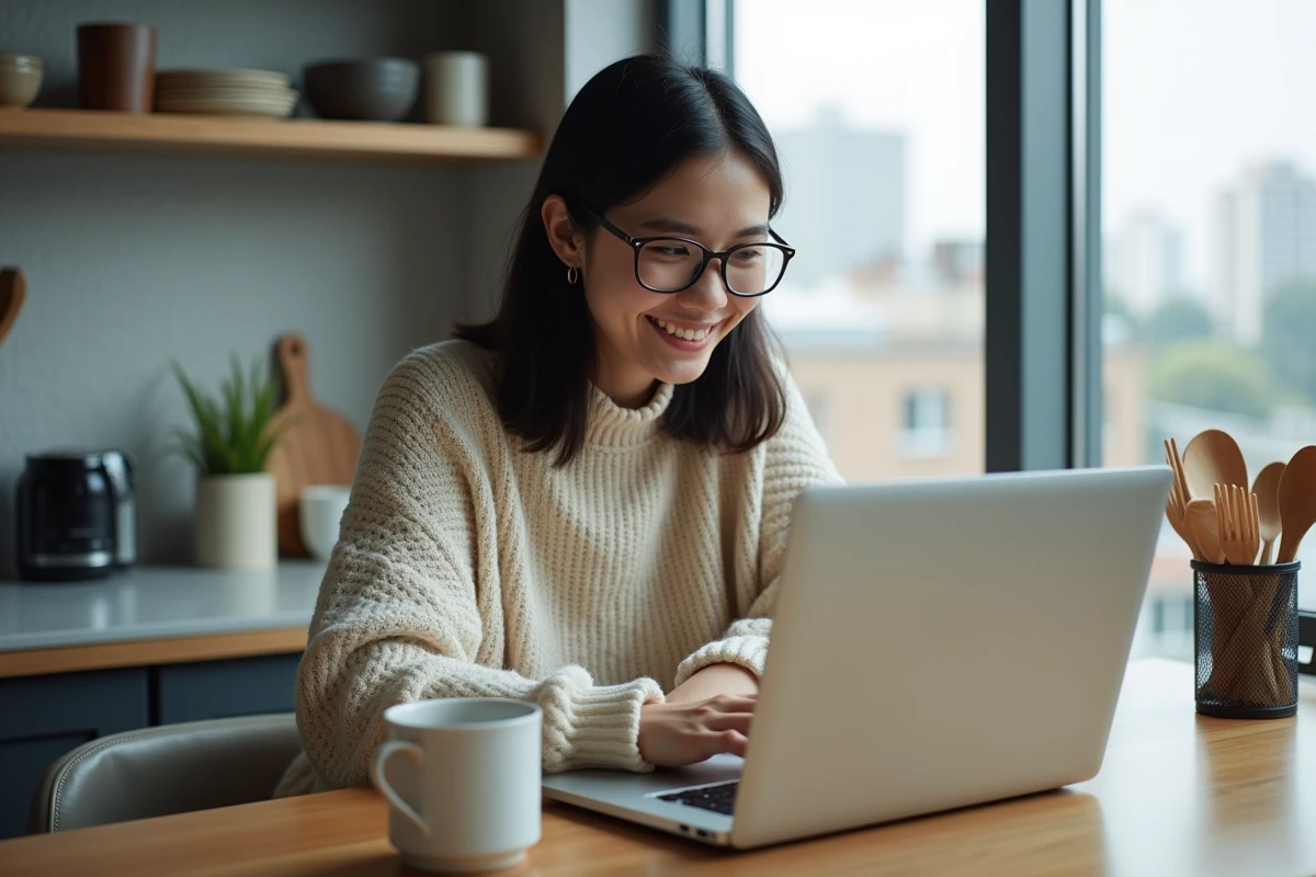 Jeune femme regardant manga en ligne sur son ordinateur