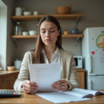 Femme à la cuisine vérifiant ses factures et calculatrice