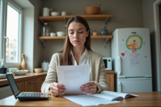 Femme à la cuisine vérifiant ses factures et calculatrice