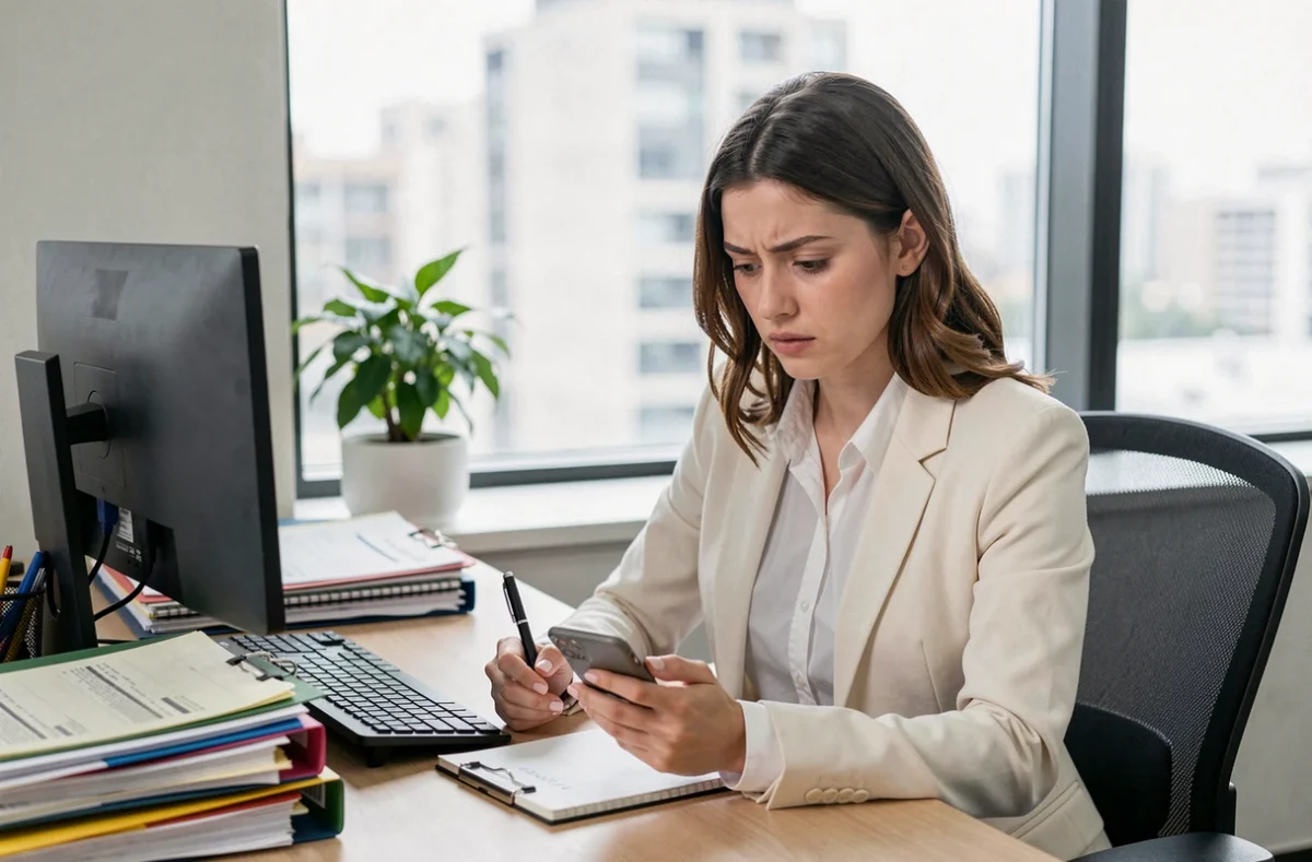 Jeune femme au bureau hésitant à répondre à un appel téléphonique d'un numéro inconnu potentiellement frauduleux