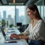 Femme au bureau moderne utilisant un ordinateur portable