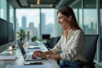 Femme au bureau moderne utilisant un ordinateur portable