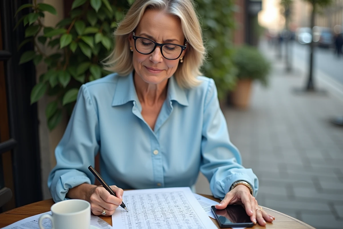 Femme lisant un crossword dans un café en extérieur