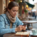 Femme au café en plein air lors d'un marché aux puces