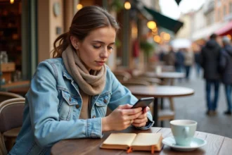 Femme au café en plein air lors d'un marché aux puces