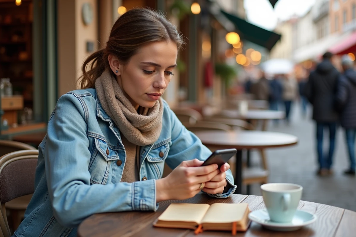 Femme au café en plein air lors d'un marché aux puces