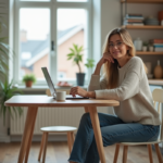 Femme assise à une table de cuisine avec café et ordinateur