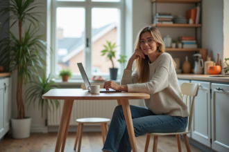 Femme assise à une table de cuisine avec café et ordinateur
