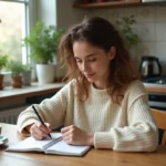 Jeune femme prenant des notes dans une cuisine chaleureuse