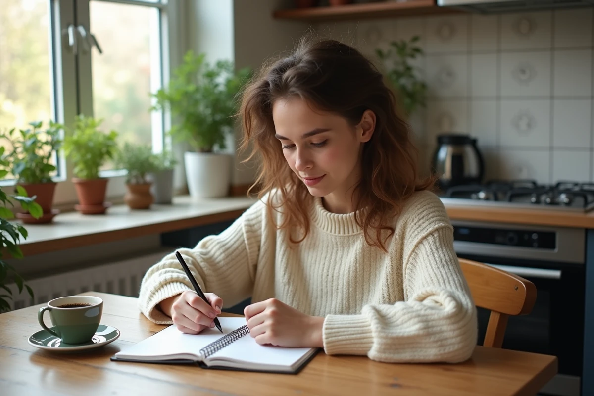 Jeune femme prenant des notes dans une cuisine chaleureuse