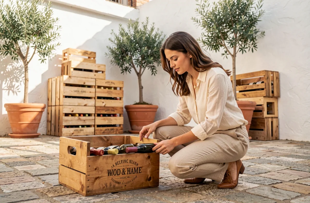 Femme inspectant une caisse de vin Escudero Jonquera dans un patio de bodega espagnole ensoleillé