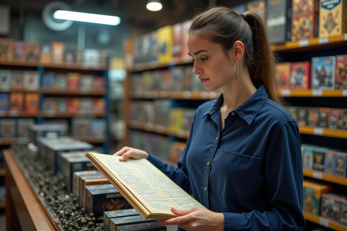 Une femme compare un codex Warhammer avec des boîtes de figurines dans un magasin de jeux spécialisé